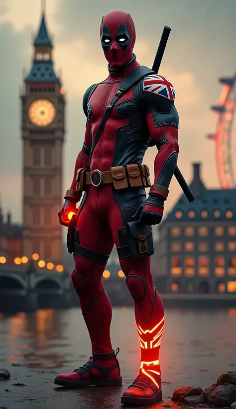 superhero like Deadpool, The heros right shoulder boasts a Union Jack-inspired design, blending a modern twist on the iconic flag, and the left boot is emblazoned with a British flag with a glowing effect. The scene behind him shows the London skyline, wit...