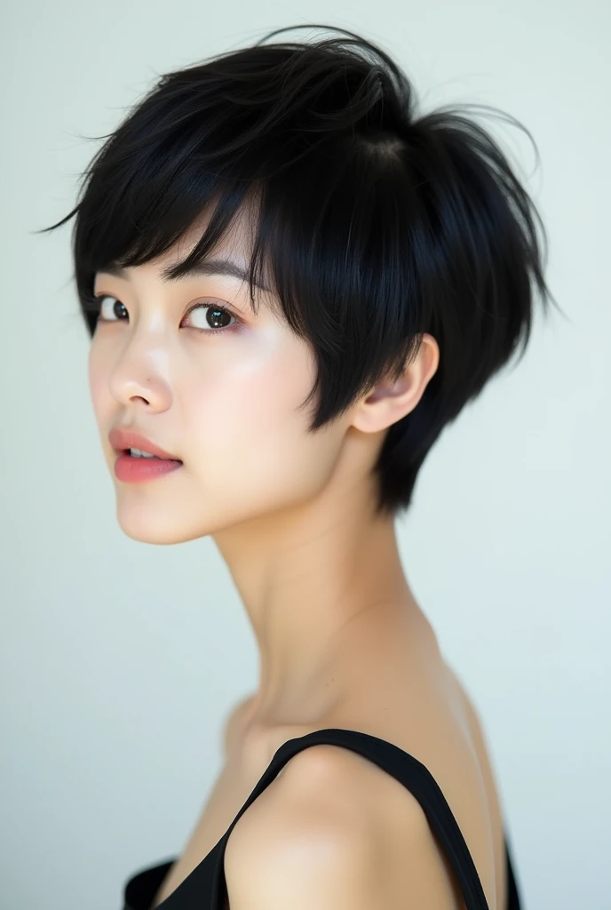 A high-quality photo of a Japanese woman with an oval face shape and a short pixie cut in natural black. Her hair is closely cropped around the sides and back, with a slightly longer top section that adds soft volume and dimension. The texture is smooth, w...