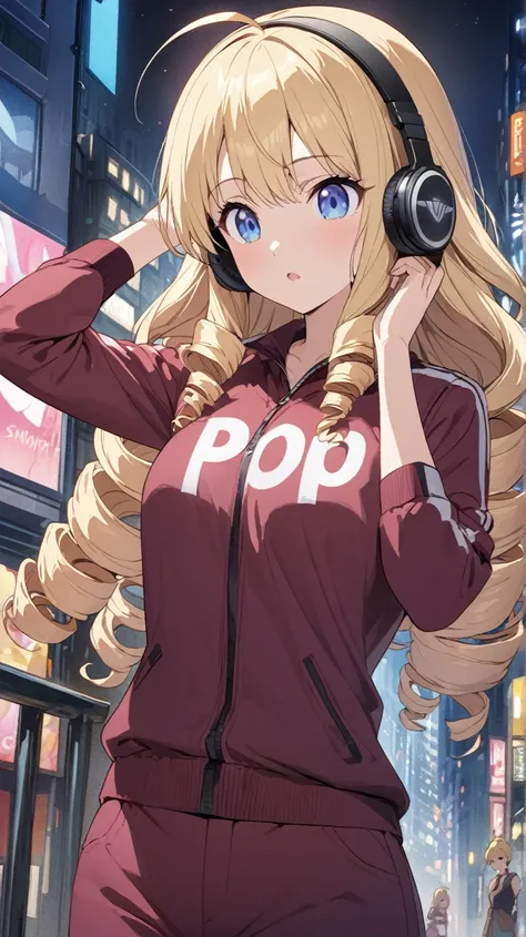  woman、blonde、Long Hair、Drill Hair、Ahoge、 blue eyes、Tree Eyes、Narrow eyes、sing、 maroon sportswear 、 Maroon Pants 、 black headphones 、microphone、city pop background 、  upper body、anime、Illustration、Best Quality、 masterpiece、 , Best Hand、