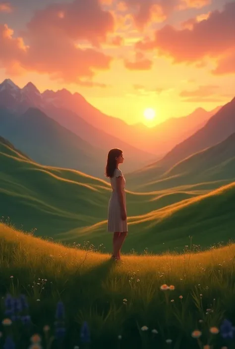 Sun raise from the mountain with vass grassland  with a girl standing 
