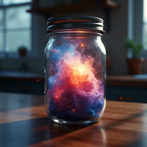 (35mmstyle:1. 2), Highly detailed RAW color Photo, top Angle, a nebula in a mason jar, vivid detail, (nebula), (sci-fi), (spce:1. 1), Mason Jar sitting on kitchen counter (highly detailed, hyperdetailed, intricate), (lens flare:0. 7), (bloom:0. 7), particl...