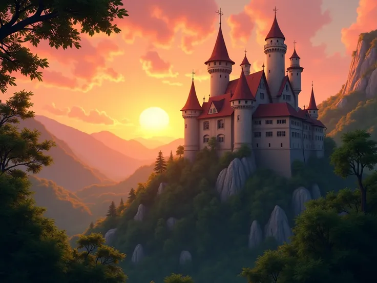  image for a cartoon story YouTube video in Pixar format. Astrian Castle : view of the ancient castle,  surrounded by lush forests and hills , against the backdrop of the sunset.  The architecture of the castle is romantic and mysterious,  with high towers...