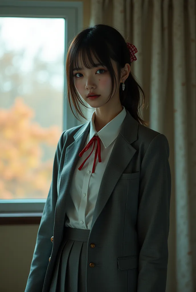 ultra-realistic, photorealistic, dramatic scene, shadow, global-illumination, solo, (teenage Japanese famous idol girl:1.5), very beautiful fragile Japanese girl, very beautiful with very cute but boyish cool face, (very large breasts), slim waist, turquoi...