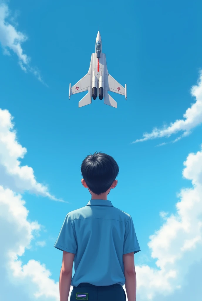 Create a picture.
Fighter MiG 29 aircraft in the blue sky with white clouds in it, which a student imagines with his eyes closed. Students dress will be like Shaheen College dress. Shaheen College dress a half shirt which color is sky blue and no tie.
Ther...