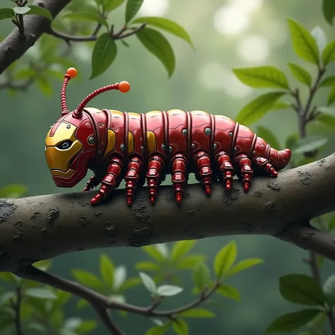 Create a realistic image. On a tree. Make a caterpillar. The caterpillar comes complete with ironmans iconic dress 