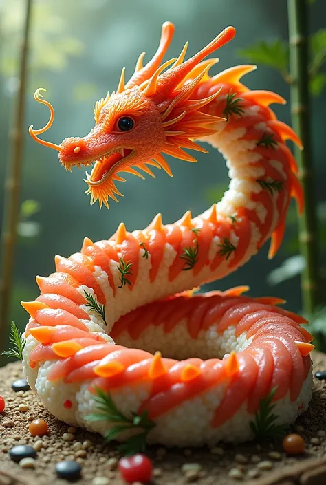  Make me a picture of a sushi dragon, which consists entirely of various types of sushi