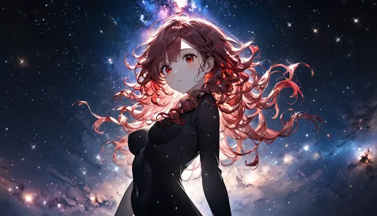 (panoramic), (beautiful and delicate), (immensely beautiful illustration),  (((silhouette:1.4 double exposure Galaxy))), (solo, frontale, lookup), ((beautiful curly beauty long hair), (best cute girl), (best cute red eyes), (best cute style medium tits), b...