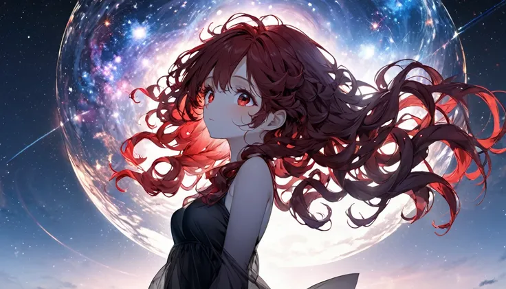 (panoramic), (beautiful and delicate), (immensely beautiful illustration),  (((silhouette:1.4 double exposure Galaxy))), (solo, frontale, lookup), ((beautiful curly beauty long hair), (best cute girl), (best cute red eyes), (best cute style medium tits), b...