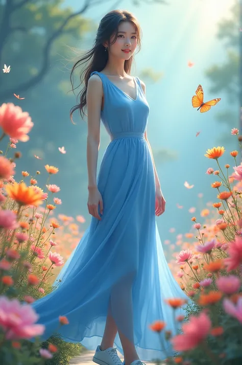  Korean woman wearing long blue dress ,  full body blue bag sneakers in a beautiful flower garden with a butterfly fly facing forward with a gentle smile. Rrealis , 8K