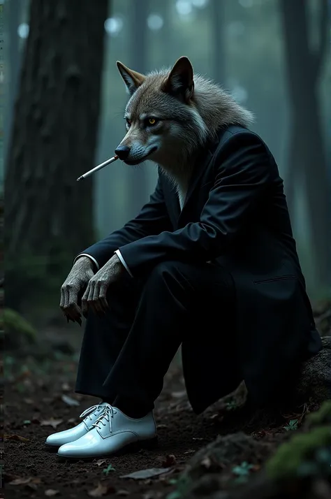 A werewolf wearing black blazzer, black pant, white shoes and holded cigarette and sitting on deep and dark forest