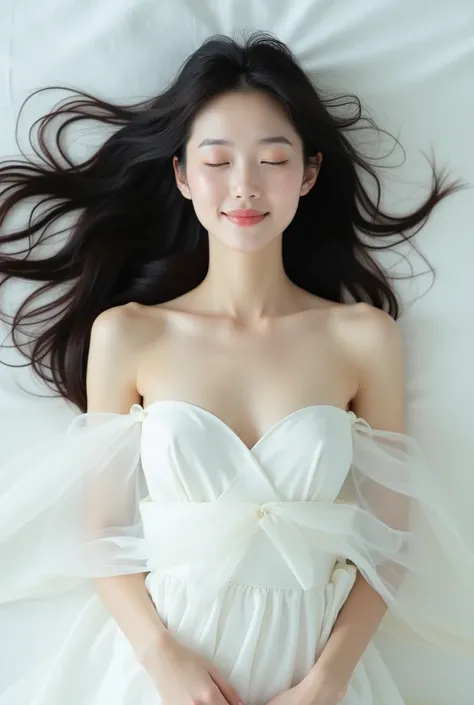 A 30-year-old Japanese woman lies on a white floor,Long hair, white dress, white skin,Both eyes,Natural Makeup, open eyes ，Smile