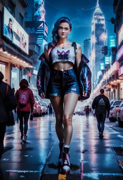 neon city street, anime style neon lights, crowded street full of neon text and signs, beautiful detailed anime style girls walk...