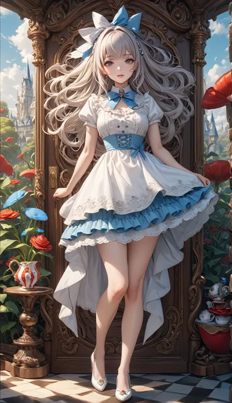  full body shot、1 girl, masterpiece, highest quality, 8k, fine skin texture, fine cloth texture, beautiful detailed face, intricate details, Super detailed, alice in wonderland,, 