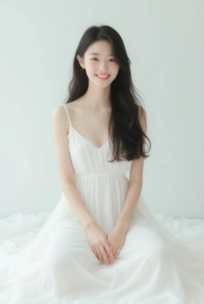 A 30-YEAR-OLD KOREAN WOMAN IS SITTING ON A WHITE FLOOR,Long hair, white dress, white skin,Both eyes,Natural Makeup, open eyes ，Smile