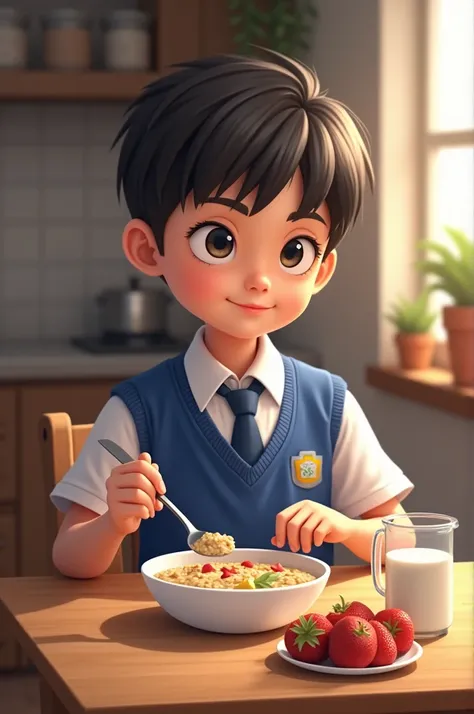 Boy eating breakfast wearing Swami Atmanand school uniform