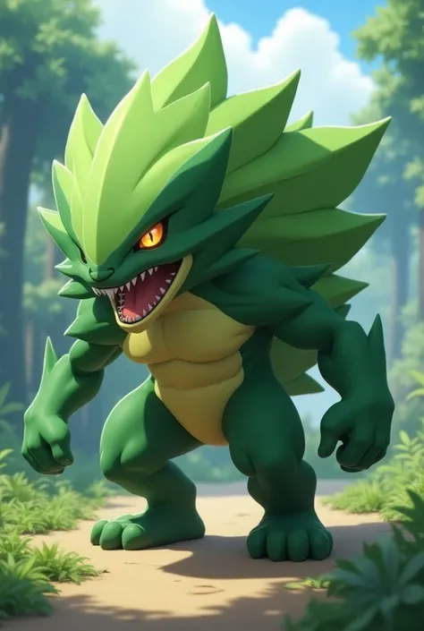 Pokemon, 3d anime, teen sabertooth, green leaf fur, leaf and fighting type, have huge fang, crawl pose, cool