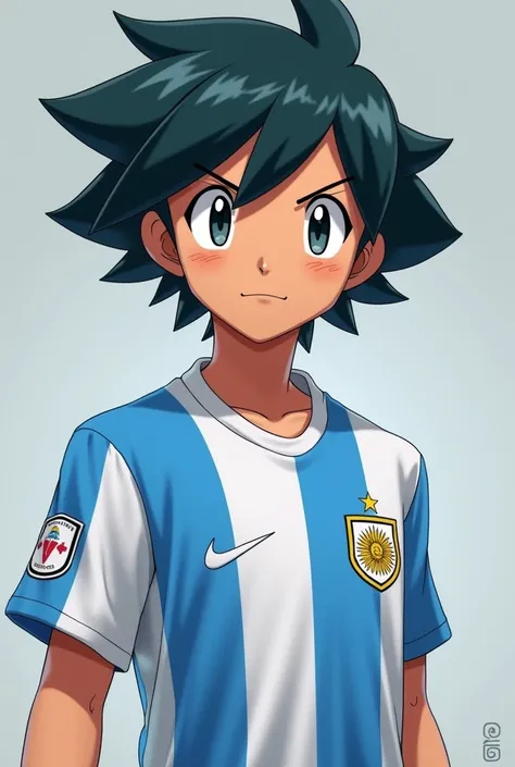 Pokémon Ash wearing the hyperrealistic Argentine national team jersey 