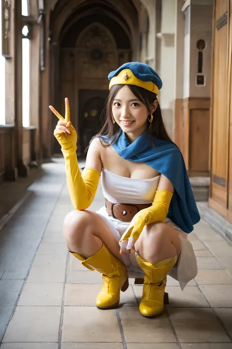 masterpiece,best quality, highres icon,ultra-detailed,( dragon quest, sage), Photorealism, japanese girl, cirlet, long hair, earrings, blue cape, white dress, short sleeves, yellow satin elbow gloves, belt, skirt, yellow boots, smug, squatting with open le...