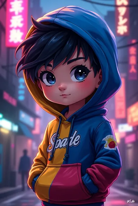 a chibi boy 3 d wearing a hoodie with phillipine flag design with the word spade written on it in colorful, cyberpunk art, verdadism, , vga, neon art style, cyberpunk boy in hoodie, colorful dark vector, neon digital art with the hairstyle inspired akira s...