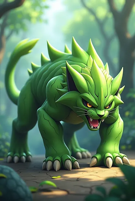 Pokemon, 3d anime, teen jaguar, green leaf fur, leaf and fighting type, have huge fang, crawl pose, cool