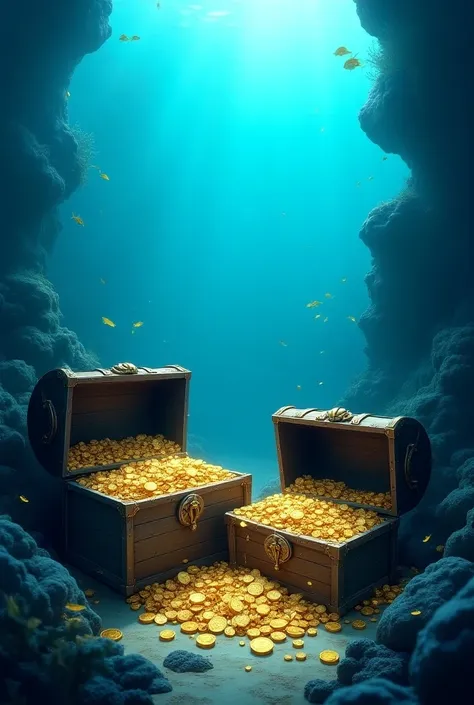  Treasures on the ocean floor ,  chests full of gold coins and jewelry. In blue and blue 