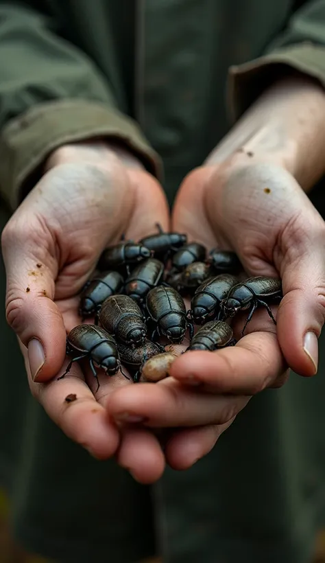 A close-up view of human hands with several disease-spreading beetles crawling over the skin. The beetles are detailed, showing their dark, shiny bodies and tiny legs gripping onto the hands. Their textured shells and small, intricate antennae add a sense ...