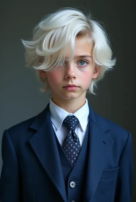 15-year-old boy
Countries in Russia 
Skin color white
Large white hair down the sides 
Clear blue eyes 
Height 1,57 tall 
Standing photo 
Blue luxury suit 
tie 
Very handsome boy 