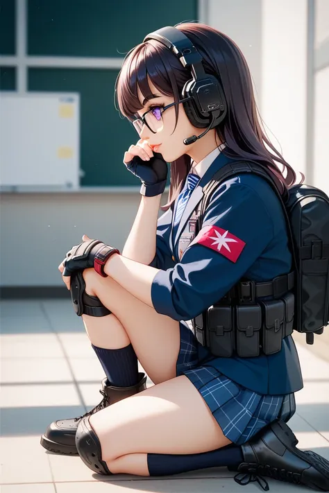 1 Japanese Young (s-old) Sensitive Introvert Glasses girl, Airsoft Player. Appearance Description : Introvert Glasses girl a purple pupils eyes, long black hairstyle, she is short-sighted, she wears a pair of glasses, and a fair complexion. Dress up : Scho...