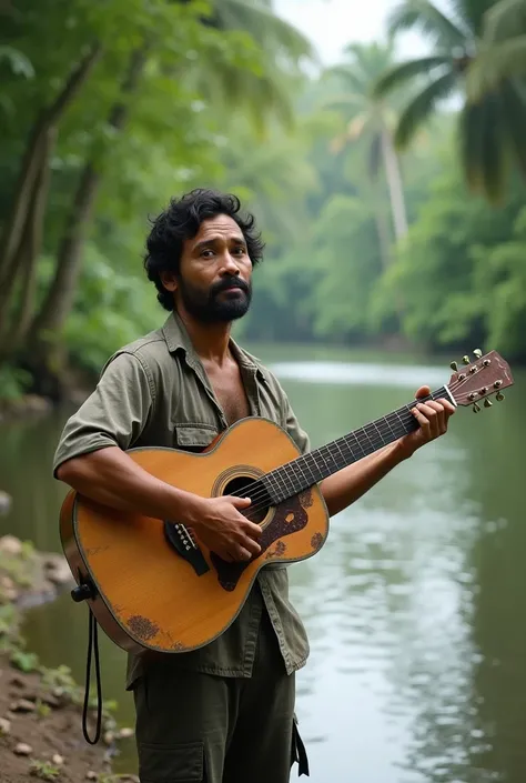 A 35-year-old Indonesian man was standing by a river holding a guitar