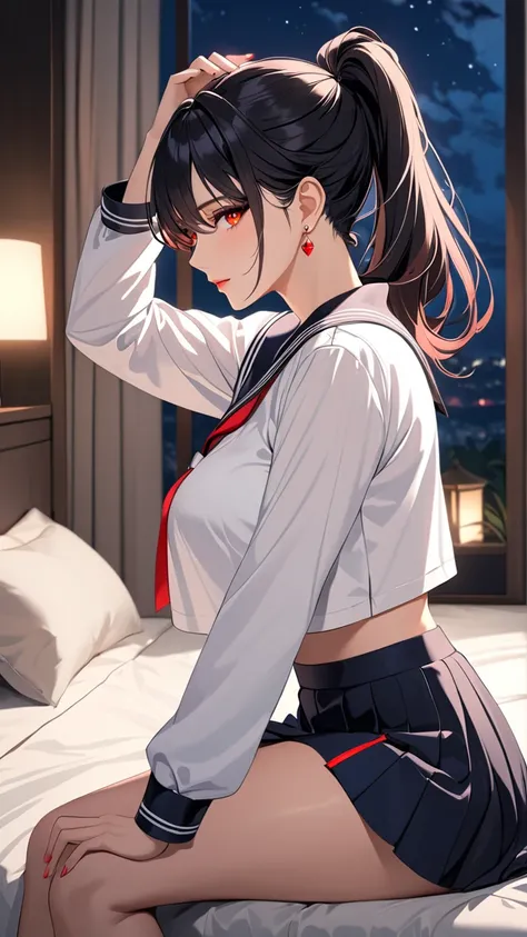 Highest quality　masterpiece　High resolution　masterpiece　Black hair, high pony tail　　Red glowing Eyes, messy  hair, seductive smile, bedroom, night, mature female, earrings wearing long sleeves sailor uniform, big breast, beautiful, make up, glowing, hand b...