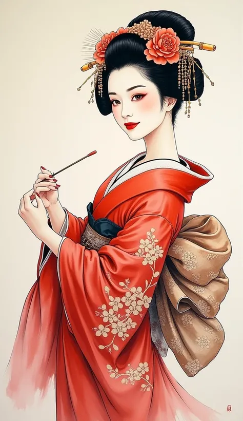 A stunning ink painting featuring a full body graceful smirking geisha, radiating elegance and charm. Delicate brushstrokes capture her beauty, adorned with intricate details and flowing robes, inviting viewers to appreciate the timeless allure of Japanese...