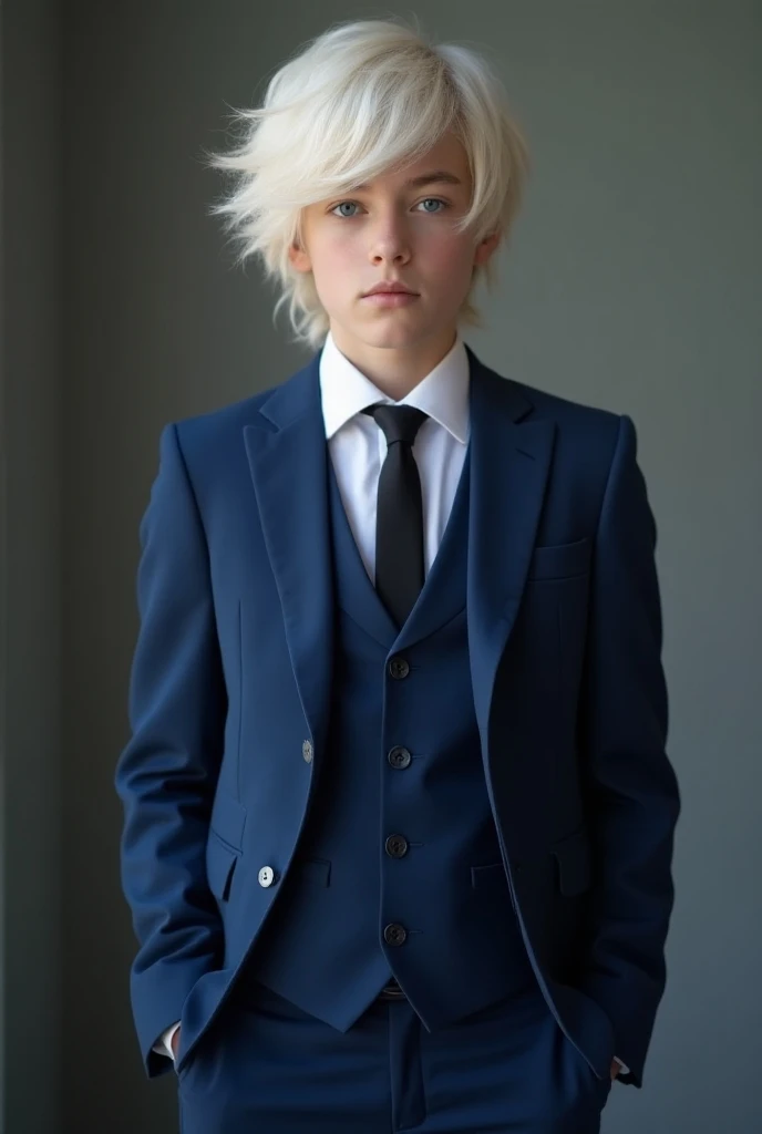 15-year-old boy
Countries in Russia 
Skin color white
Large white hair down the sides 
Clear blue eyes 
Height 1,57 tall 
Standing photo 
Blue luxury suit 
tie 
Very handsome boy 