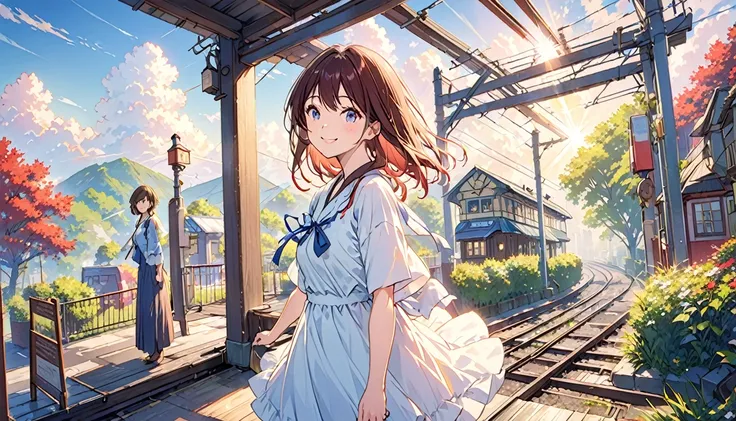 Old station 、 girl standing in the middle of the platform 、Dazzling Morning Light 、1 person、Smiling girl standing