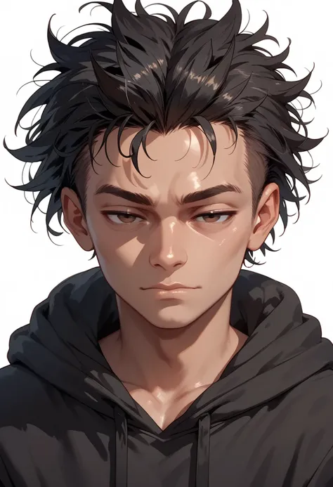 1boy, solo, upper body, (faux hawk), (messy hair), (black hair), dark brown eyes, peach skin, indifferent expression, half-closed eyes, normal shoulders, long face, black hoodie, white background