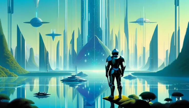 Futuristic World,  calm ,   knight , 衛star, star,  Art inspired by Bill Sienkevich and Dave McCann
