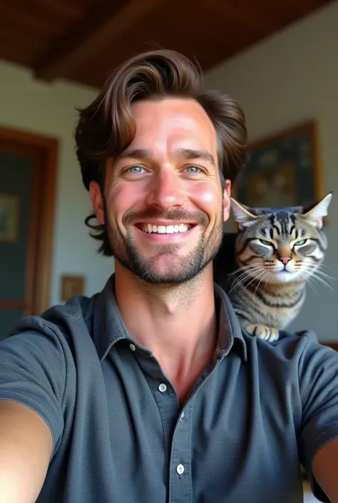 Thick-built 38-year-old blue-eyed medium-long brown haired man doing TV work living in Barcelona with a gray British cat and his 18-year-old son, hair forward, perfect smile taking a selfie. 