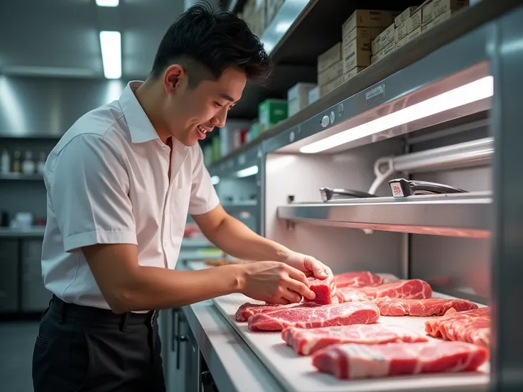 give me a photo, a handsome 28 year old Chinese man is positioning and arranging meat in the freezer, a horizontal pop-top freezer