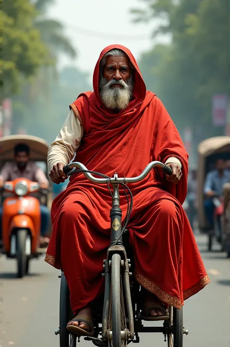 indian old Man is riding a cycle rickshaw on the road whith carrying on red saree big size women 