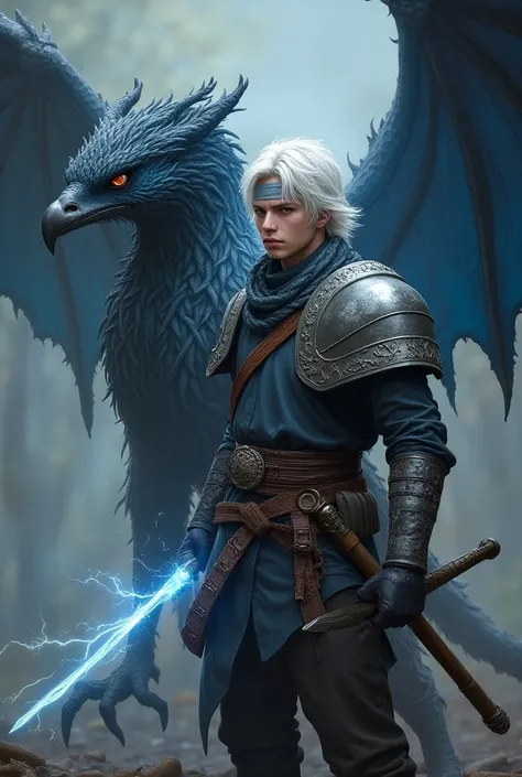 A young man of 19, with shoulder-length white hair, having a silk bandage over his left eye, holding a silver sword in his right hand, using lightning magic in his left hand, wearing an ornate shoulder guard leather on the left shoulder, accompanied by a w...