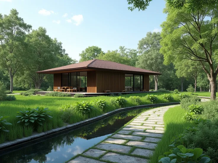 The garden house according to the Koch Nong Na model ,  has a well distributed in the area and is connected by a small canal.,  The house is on a small high hill according to the minimalist ,  bright blue sky ,  with slightly scattered clouds ,  on the hil...