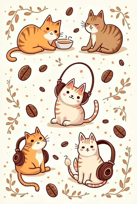 coffee related theme doodle art (like stroke of lines, coffee beans, cats, headphones),vector art, icons, cartoonish style, for background