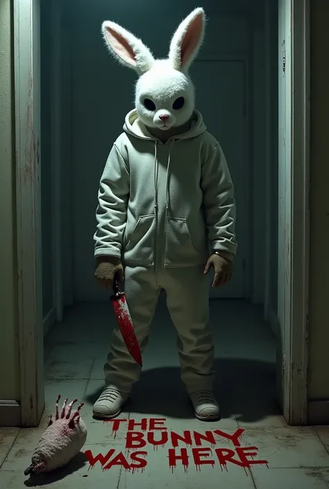 Create a image of a serial killer. He wears a white fluffy skee  mask with bunny ears. He writes the bunny was here with the victimes blood. He must have a bloody knife and a bunny paw