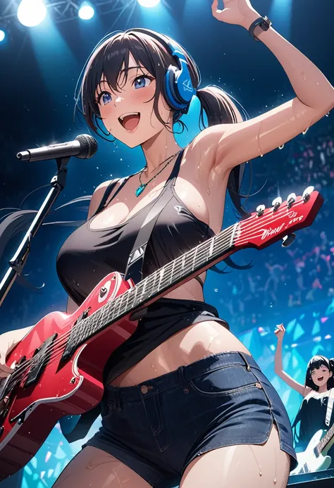 Best Quality、Ultra-precision、Detailed drawing、 vibrant colors、Beautiful girl 、Age 30、Outdoor Stage、 spotlight 、Dynamic pose、blue sky、 tank top、Bikini pants、Electric guitar、LARGE GUITAR AMP 、speaker、 headset microphone、Skin gloss、Beautiful big boobs、Beautif...