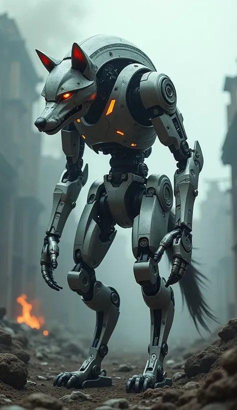 "(A humanoid wolf-inspired robot stands amidst the ruins of old technology), (Cybernetic wolf humanoid with a transparent body, showing visible internal mechanisms and glowing circuits, a fierce and agile robot with wolf-like facial features and sleek meta...