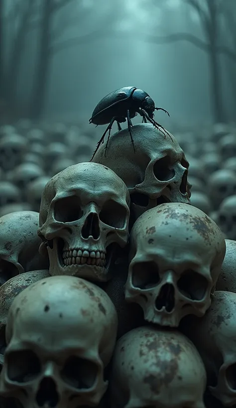 In a dark and eerie scene, a disease-spreading beetle stands atop a large pile of human skulls, its  a stark contrast to the pale, weathered skulls. The beetles dark, shiny shell and tiny legs are highlighted in detail, adding to the ominous feel of the be...