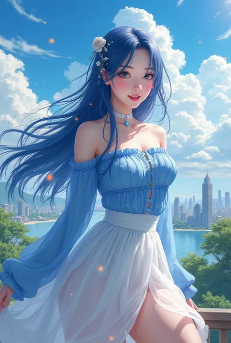 official art, masterpiece, sharp focus, (beautiful gorgeous cute Korean woman:1.3), (beautiful cute korean:1.3), korean beauty, Delicate and beautiful hair and eyes and face, realistic, ultra detailed, beautiful girl, blue sky, glow white particle, (sideli...