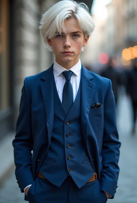 Teenage boy 
Countries in Russia 
Age s
Skin color: white
Large white hair down the sides 
Clear blue eyes 
Height 1,57 tall 
Standing photo 
Blue luxury suit 
tie 
Very handsome boy
Shirtless 