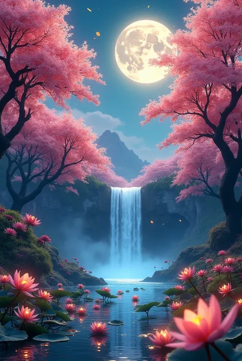 (photorealism:1.2), a beautiful orange sakura trees forest with petals falling on ground glowing in night under red full moon and in middle is a big waterfall and in bottom is surrounded by a beautiful lake filled with glowing colorful lotuses and fireflie...