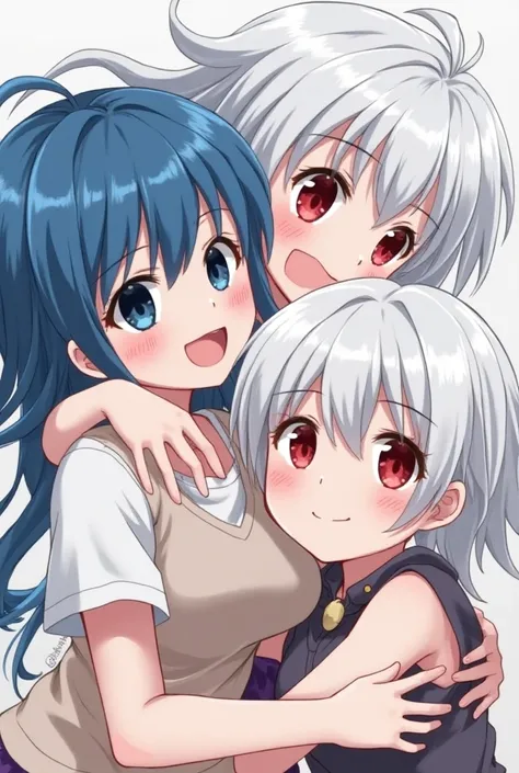 3 girl, hug , blue hair 2 and 1 white hair, red eyes, white skin, sekx, big boobs