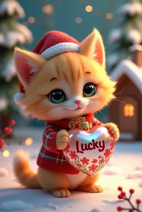 A captivating 3D holiday scene featuring a kawaii, fluffy orange kitten named "Lucky". He is exquisitely dressed in a festive ensemble, with a red and white plaid sweater, a sparkling gold collar, and a cute Santa hat. He elegantly cradles an iridescent gl...